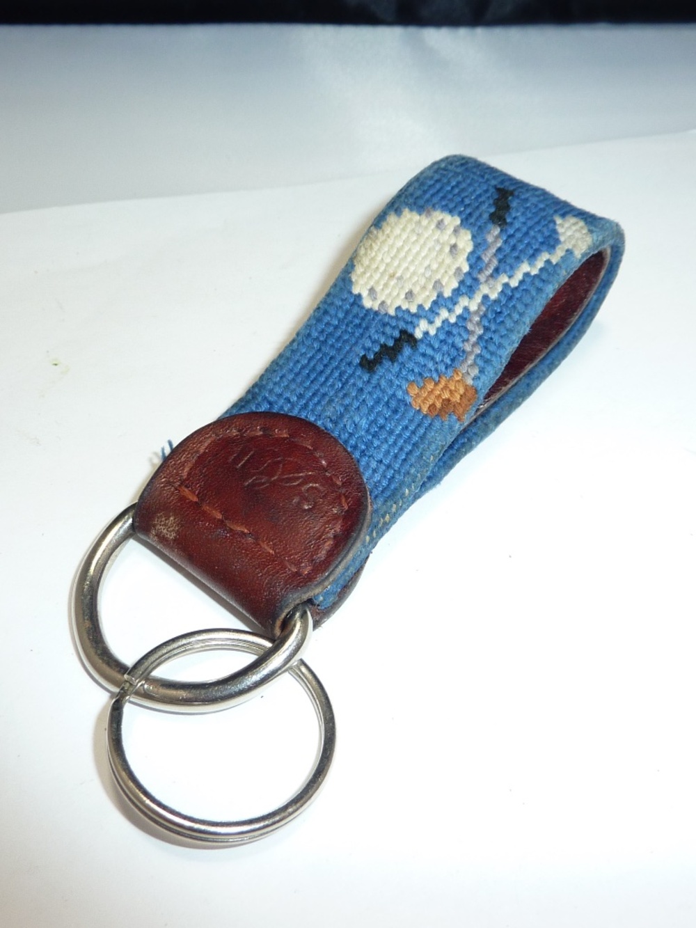S&B VINTAGE Leather Keychain Strap with Woven GOLF Design- Blue and White 3''